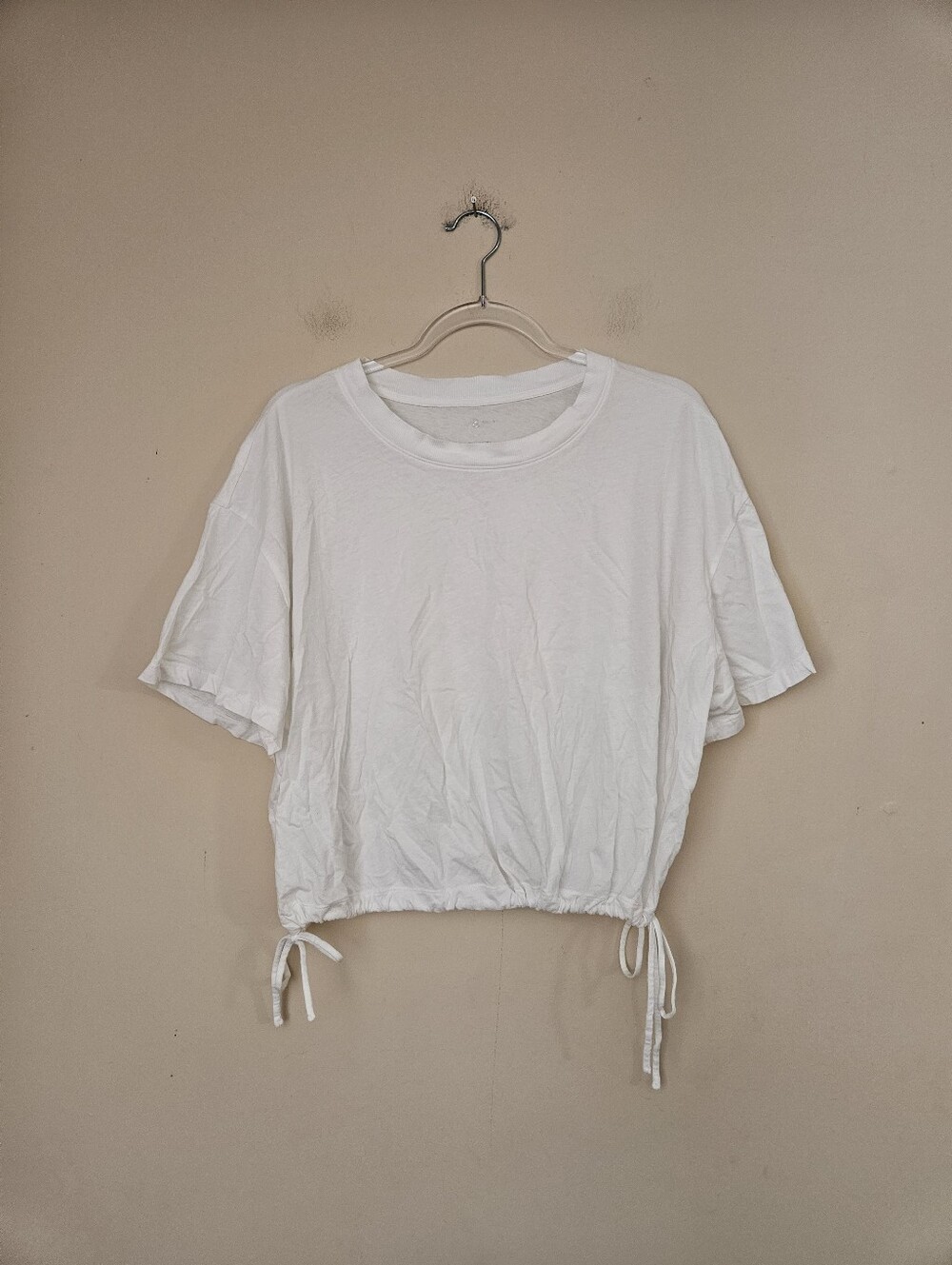 Lou & Grey Cropped White Short Sleeve Drawstring Hem Top, Size Large